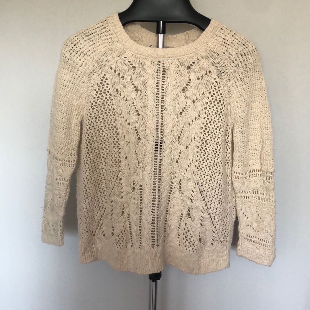 Lucky Brand Pointelle Knit Cream Round Neck Pullover Sweater Sz M
